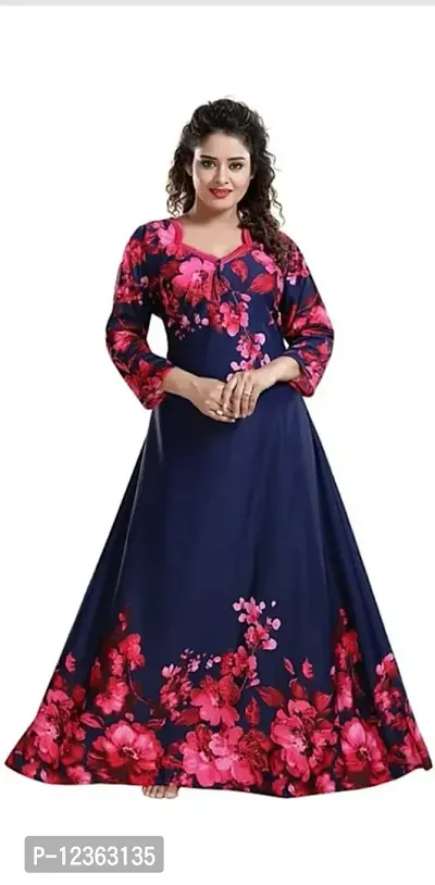 Trendy Synthetic Floral Full Sleeves Night Gown For Women