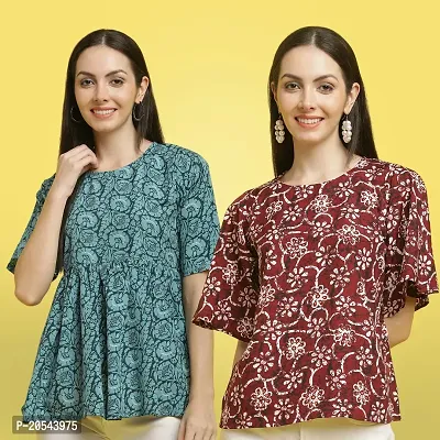 Stylish Crepe Floral print Half Sleeve Top For Women  Pack Of 2