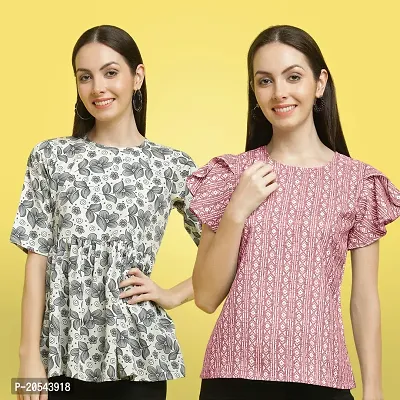 Stylish Crepe Floral print Half Sleeve Top For Women  Pack Of 2