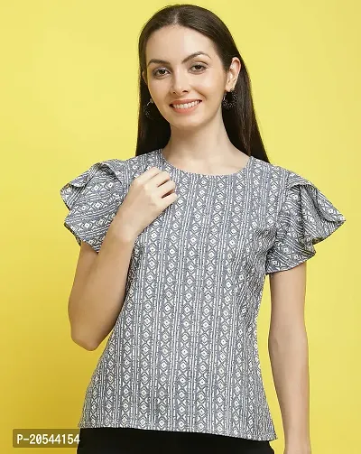 Stylish Grey Crepe Printed Half Sleeve Top For Women