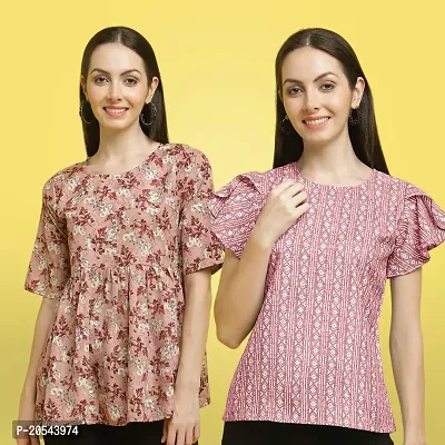 Stylish Crepe Floral print Half Sleeve Top For Women  Pack Of 2