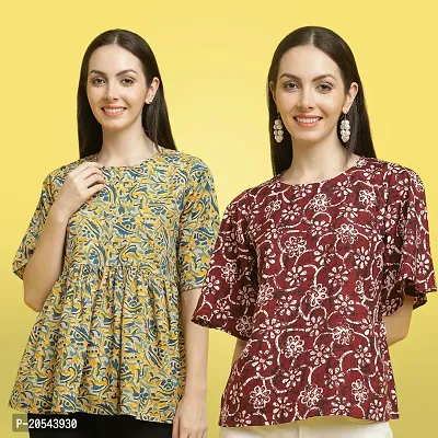 Stylish Crepe Floral print Half Sleeve Top For Women  Pack Of 2