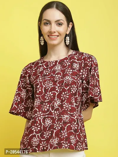 Stylish Red Crepe Printed Half Sleeve Top For Women