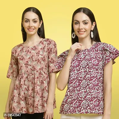 Stylish Crepe Floral print Half Sleeve Top For Women  Pack Of 2