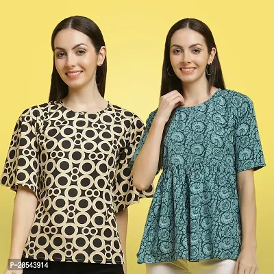 Stylish Crepe Floral print Half Sleeve Top For Women  Pack Of 2-thumb0
