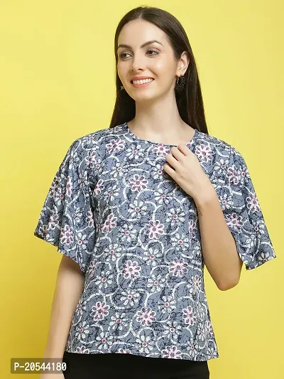 Stylish Blue Crepe Printed Half Sleeve Top For Women