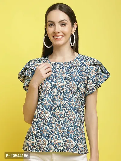 Stylish Blue Crepe Printed Half Sleeve Top For Women