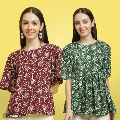 Stylish Crepe Floral print Half Sleeve Top For Women  Pack Of 2