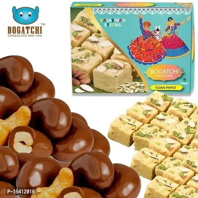 BOGATCHI Choco Cashews with Soan Papdi, Diwali Gift Hamper, Diwali Gifts Sweets and Diwali Chocolate Coated Cashews, Diwali Gift for Family