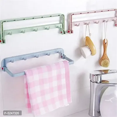 Adjustable, Expandable Kitchen Over Cabinet Towel Bar Rack Automatic Folding with 5 Hook Rag Hanger (Multi-Color) (pack of 1)-thumb0
