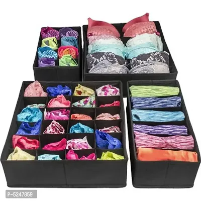 Set of 4 Foldable Drawer Divided Bag Non-Woven Foldable Cloth Storage Box Belt Tie Socks Lingerie Undergarments Toys Underbed Items Organizer (Black)