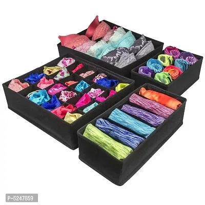 Set of 4 Foldable Drawer Divided Bag Non-Woven Foldable Cloth Storage Box Belt Tie Socks Lingerie Undergarments Toys Underbed Items Organizer (Black)-thumb4