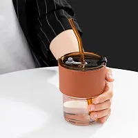 DYOMNIZY Glass Tumbler Mug with Lid,Straw and Protective Anti-Skid Leather Sleeve for Hot and Cold Beverages Tea Coffee Smoothies Fruit Juice Travel Mug-thumb2