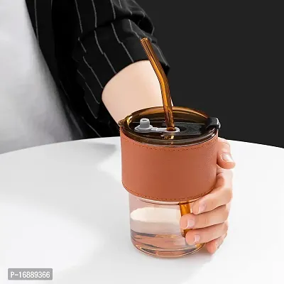 DYOMNIZY Glass Tumbler Mug with Lid,Straw and Protective Anti-Skid Leather Sleeve for Hot and Cold Beverages Tea Coffee Smoothies Fruit Juice Travel Mug-thumb3