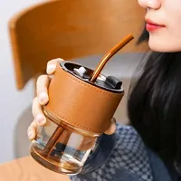 DYOMNIZY Glass Tumbler Mug with Lid,Straw and Protective Anti-Skid Leather Sleeve for Hot and Cold Beverages Tea Coffee Smoothies Fruit Juice Travel Mug-thumb1