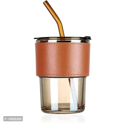 DYOMNIZY Glass Tumbler Mug with Lid,Straw and Protective Anti-Skid Leather Sleeve for Hot and Cold Beverages Tea Coffee Smoothies Fruit Juice Travel Mug-thumb0