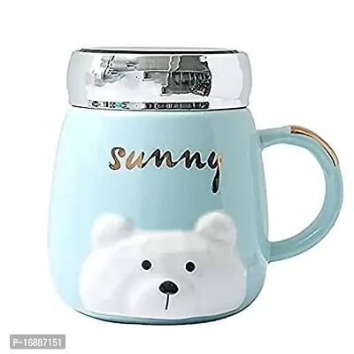 Dyomnizy Teddy Bear Printed Ceramic Multicolor Tea/Coffee Mug with Glass Mirror Lid/Milk Mug for Kids/ Heavy Base Quantity Ceramic Mirror Cup(Color May Very) (Pack of 1)-thumb0