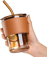 DYOMNIZY Glass Tumbler Mug with Lid,Straw and Protective Anti-Skid Leather Sleeve for Hot and Cold Beverages Tea Coffee Smoothies Fruit Juice Travel Mug-thumb3