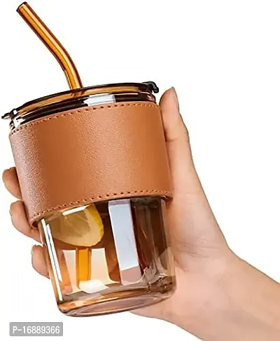DYOMNIZY Glass Tumbler Mug with Lid,Straw and Protective Anti-Skid Leather Sleeve for Hot and Cold Beverages Tea Coffee Smoothies Fruit Juice Travel Mug-thumb4