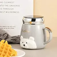 Dyomnizy Teddy Bear Printed Ceramic Multicolor Tea/Coffee Mug with Glass Mirror Lid/Milk Mug for Kids/ Heavy Base Quantity Ceramic Mirror Cup(Color May Very) (Pack of 1)-thumb2