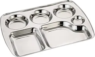 Expresso 6 in1 Compartment Divided Plate/Thali/Bhojan Thali/Mess Tray/Dinner Plate Set of 1 pc, Silver, Standard-thumb1