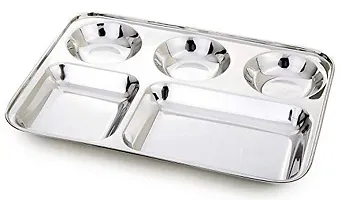 Expresso 5 in1 Round Extra Deep Compartment Divided Bhojan Thali/Mess Tray/Dinner Plate, Silver-thumb1