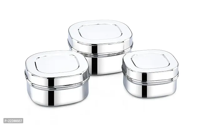 Expresso Stainless Steel Set of 3 pcs Food Storage Containers | Storage Box | Storage Dabba Set, Square Shape, Silver