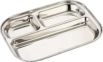 Expresso 3 in 1 Rectangle Three Compartment Divided Plate/Thali/Bhojan Thali/Mess Tray/Dinner Plate, Silver, Standard-thumb1