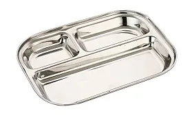 Expresso 3 in 1 Rectangle Three Compartment Divided Plate/Thali/Bhojan Thali/Mess Tray/Dinner Plate, Set of 2 Pcs, Silver, Standard-thumb1