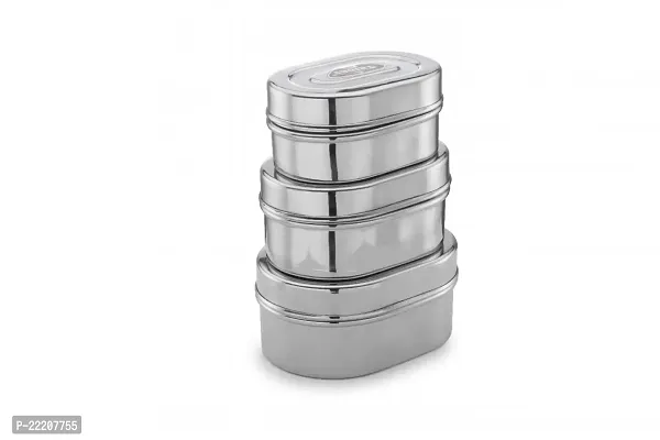 Expresso Stainless Steel Set of 3 pcs Food Storage Containers | Storage Box | Storage Dabba Set, Oval shape-thumb2