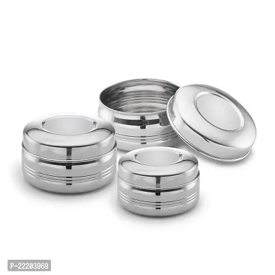 Expresso Multipurpose Stainless Steel Dabba Bulging Canisters | Steel Boxes Puri Dabba | Stainless Steel Storage Containers Set of 3Pcs (300ml, 450ml, 750ml)
