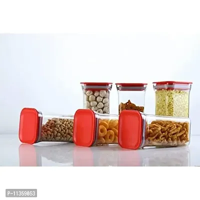 MEELANA Plastic Air Tight Unbreakable Square Jar Set for Kitchen Storage Containers 1100 ml (Pack of 6) (Red)-thumb0