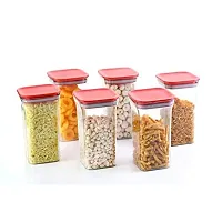 MEELANA Plastic Air Tight Unbreakable Square Jar Set for Kitchen Storage Containers 1100 ml (Pack of 6) (Red)-thumb1