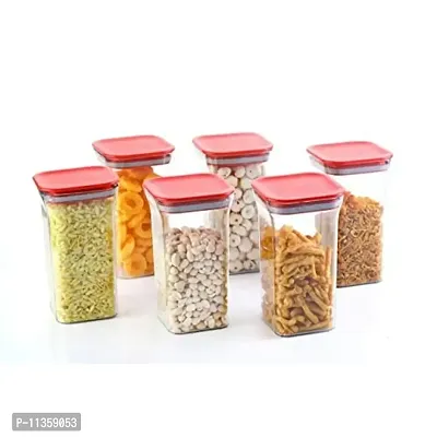 MEELANA Plastic Air Tight Unbreakable Square Jar Set for Kitchen Storage Containers 1100 ml (Pack of 6) (Red)-thumb2