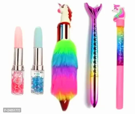 Unicorn stationery Pen Combo Set for Girls, 2 Lipstic Pen, Water Pen, Mermaid Pen, Fur Pen for Girls/Kids (Pack of 5)-thumb0