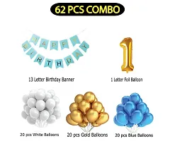 1 Year Decoration Kit For Boy And Girl Happy Birthday 62 Pcs Combo Items 20 Goldenand 20 White 20 Blue Balloons And 13 Letter Happy Birthday Banner And 1 Letter Golden Foil Balloon-thumb1