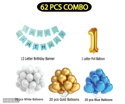 1 Year Decoration Kit For Boy And Girl Happy Birthday 62 Pcs Combo Items 20 Goldenand 20 White 20 Blue Balloons And 13 Letter Happy Birthday Banner And 1 Letter Golden Foil Balloon-thumb2