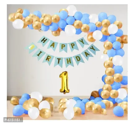 1 Year Decoration Kit For Boy And Girl Happy Birthday 62 Pcs Combo Items 20 Goldenand 20 White 20 Blue Balloons And 13 Letter Happy Birthday Banner And 1 Letter Golden Foil Balloon-thumb0