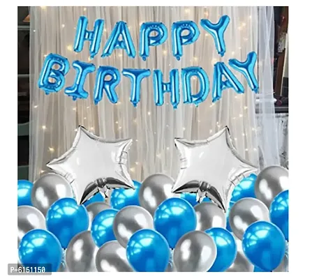 Silver Blue Happy Birthday Decoration Combo Kit With Banner Balloons Stars 35Pcs For Birthday Decoration