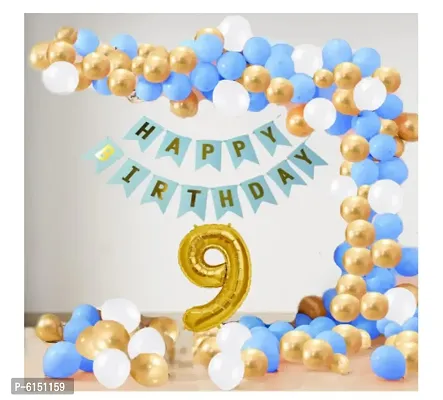 9 Year Decoration Kit For Boy And Girl Happy Birthday 62 Pcs Combo Items 20 Goldenand 20 White 20 Blue Balloons And 13 Letter Happy Birthday Banner And 9 Letter Golden Foil Balloon