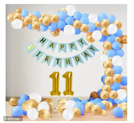11 Year Decoration Kit For Boy And Girl Happy Birthday 62 Pcs Combo Items 20 Goldenand 20 White 20 Blue Balloons And 13 Letter Happy Birthday Banner And 11 Letter Golden Foil Balloon