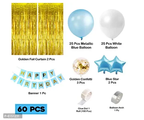 Blue Happy Birthday Decoration Items Kit Combo Set Birthday Banner Golden Foil Curtain Metallic Confetti Balloons With Hand Balloon Pump And Glue Dot  60 Pieces-thumb2