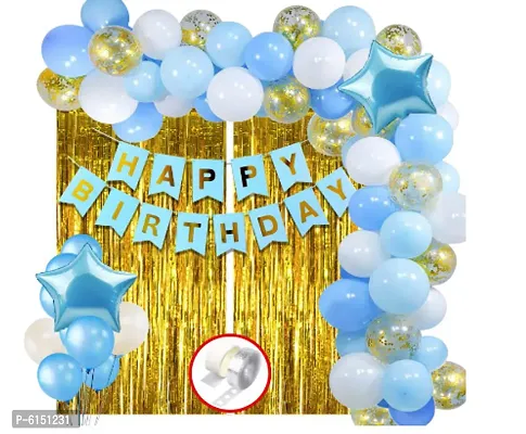 Blue Happy Birthday Decoration Items Kit Combo Set Birthday Banner Golden Foil Curtain Metallic Confetti Balloons With Hand Balloon Pump And Glue Dot  60 Pieces