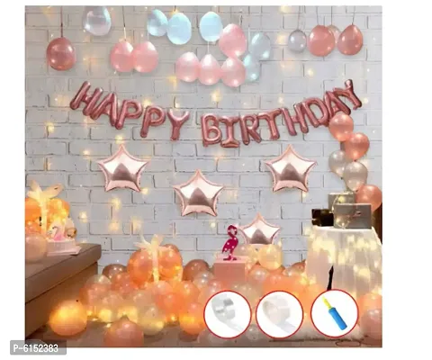 Star Foil Balloons With Happy Birthday Balloons Banner LED Light And Hand Balloon Pump Rose Gold Birthday Decoration Kit-78 Pieces