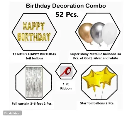 Happy Birthday Decoration Kit Gold Combo- 52 Pcs Set Of 34 Pcs Metallic Balloons (Gold, White And Silver), 13 Letter Happy Birthday Foil Balloons, 2Pcs Golden Foil Curtain, 2 Pcs Star Balloons-thumb2