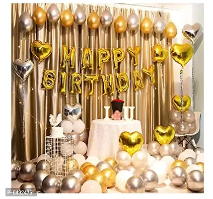 Happy Birthday Decoration Kit Gold Combo- 52 Pcs Set Of 34 Pcs Metallic Balloons (Gold, White And Silver), 13 Letter Happy Birthday Foil Balloons, 2Pcs Golden Foil Curtain, 2 Pcs Star Balloons