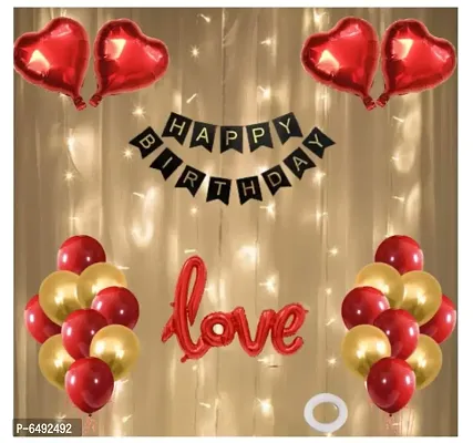 Romantic Decoration Combo - 1 Happy Birthday Black Banner , 1 Love Foil Balloon, 4 Pcs Red Heart Balloons, 10 Pcs Red Metallic Balloons, 10 Pcs Gold Metallic Balloons, 1 Pc Led Light 1 Pc Ribbon-thumb0