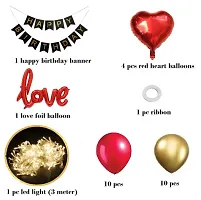 Romantic Decoration Combo - 1 Happy Birthday Black Banner , 1 Love Foil Balloon, 4 Pcs Red Heart Balloons, 10 Pcs Red Metallic Balloons, 10 Pcs Gold Metallic Balloons, 1 Pc Led Light 1 Pc Ribbon-thumb1