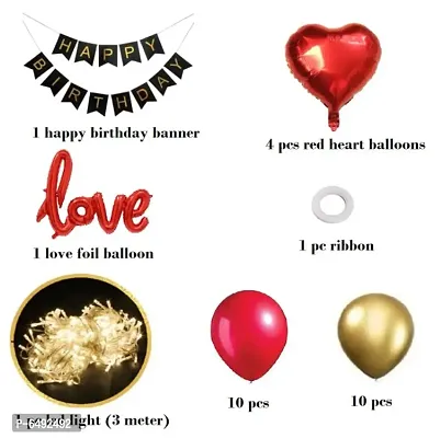 Romantic Decoration Combo - 1 Happy Birthday Black Banner , 1 Love Foil Balloon, 4 Pcs Red Heart Balloons, 10 Pcs Red Metallic Balloons, 10 Pcs Gold Metallic Balloons, 1 Pc Led Light 1 Pc Ribbon-thumb2