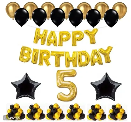 1 Set Happy Birthday Foil Balloons (Golden Colour, 2 Pcs Black Foil Star , 50 Pcs Metallic Balloons (Black and Golden),5 No. Foil Number Golden-thumb0